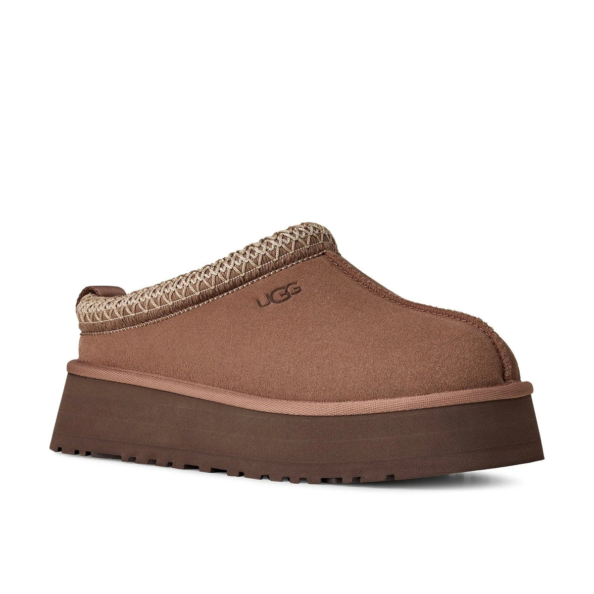 UGG Tazz II Rocky Oak ciabatte platform donna in pelle scamosciata e montone marrone quercia, vista frontale
