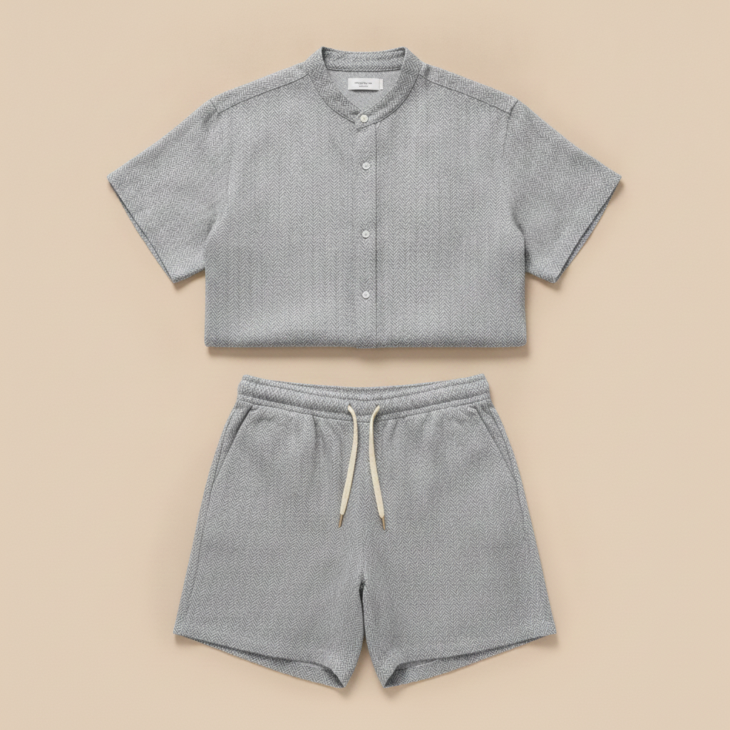 Completo Coordinato Uomo Camicia Lino a Spina e Pantaloncini - Grigio Spigato