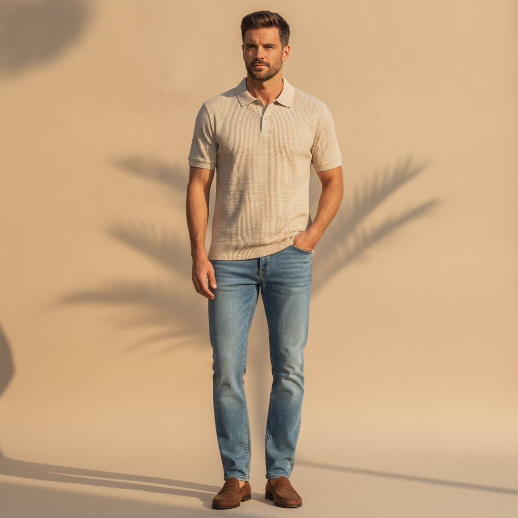Polo Uomo Waffle Knit Testurizzata – Effetto Nido d'Ape Elegante - Beige - indossato