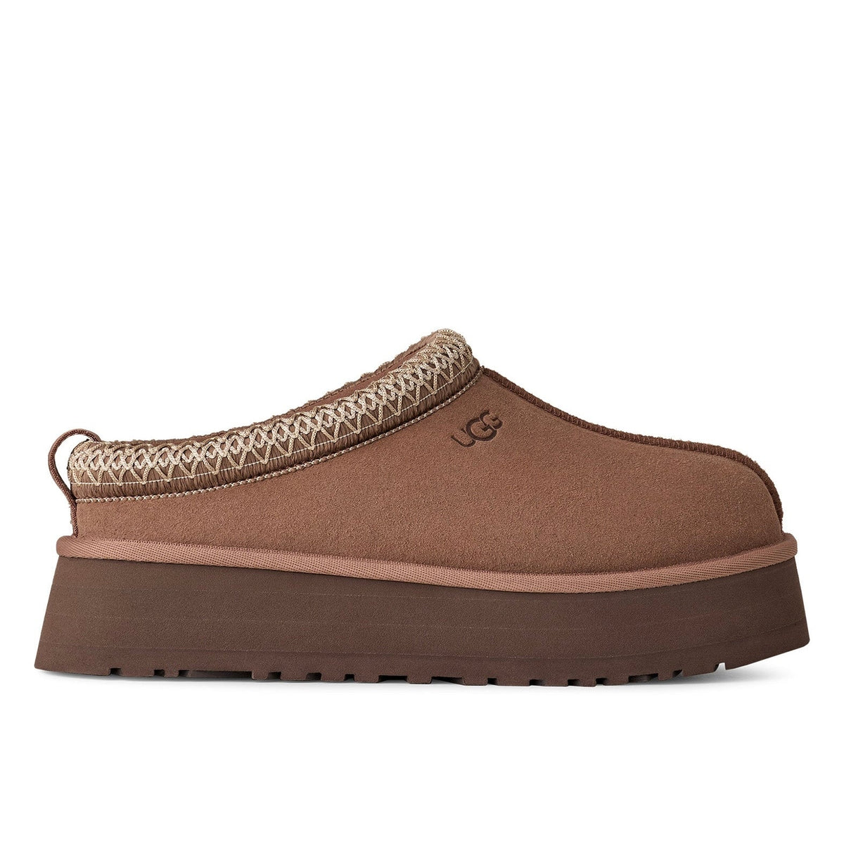UGG Tazz II Rocky Oak ciabatte platform donna in pelle scamosciata e montone marrone quercia, vista laterale