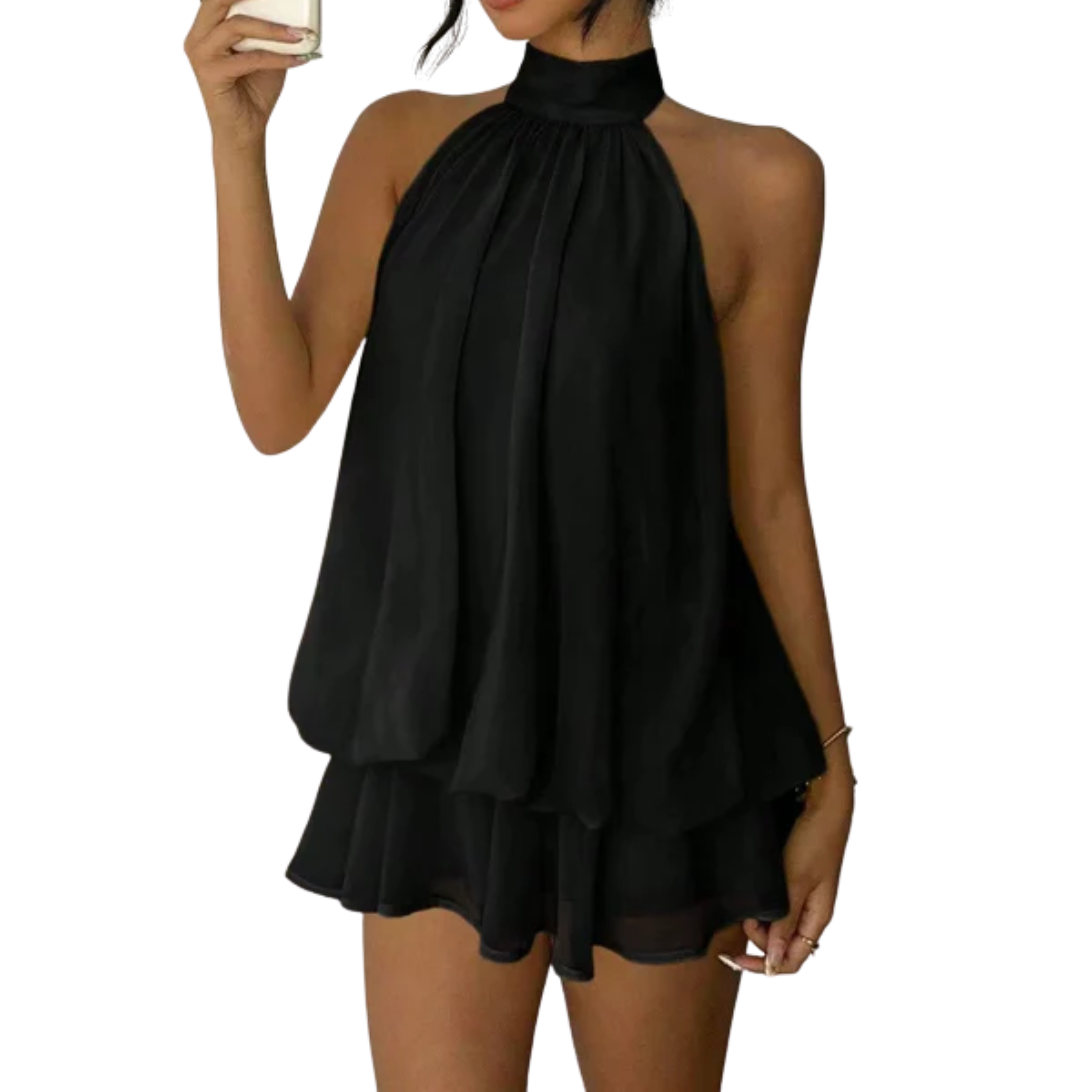 Vestito Mini Donna con Volant a Strati – Schiena Scoperta Halter Trapezio