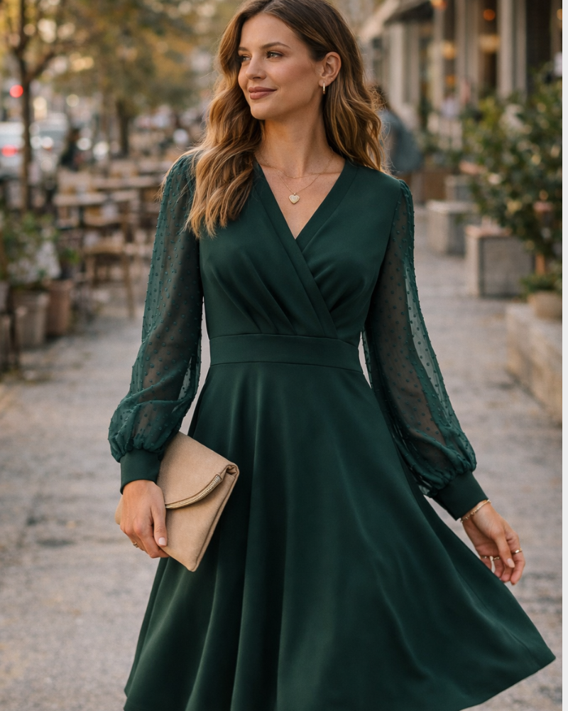Juana Vestito Donna – Stile Vintage Scollo a V, Maniche Lunghe e Taglio A-Line Midi Elegante
