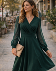 Juana Vestito Donna – Stile Vintage Scollo a V, Maniche Lunghe e Taglio A-Line Midi Elegante