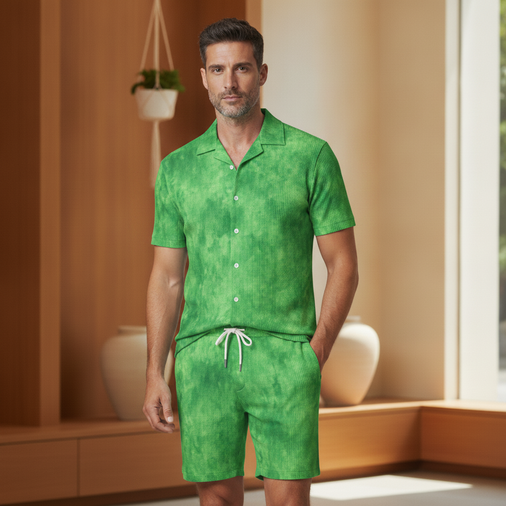 Completo Coordinato Uomo Camicia Acquerello e Pantaloncini - Acquerello Verde - indossato