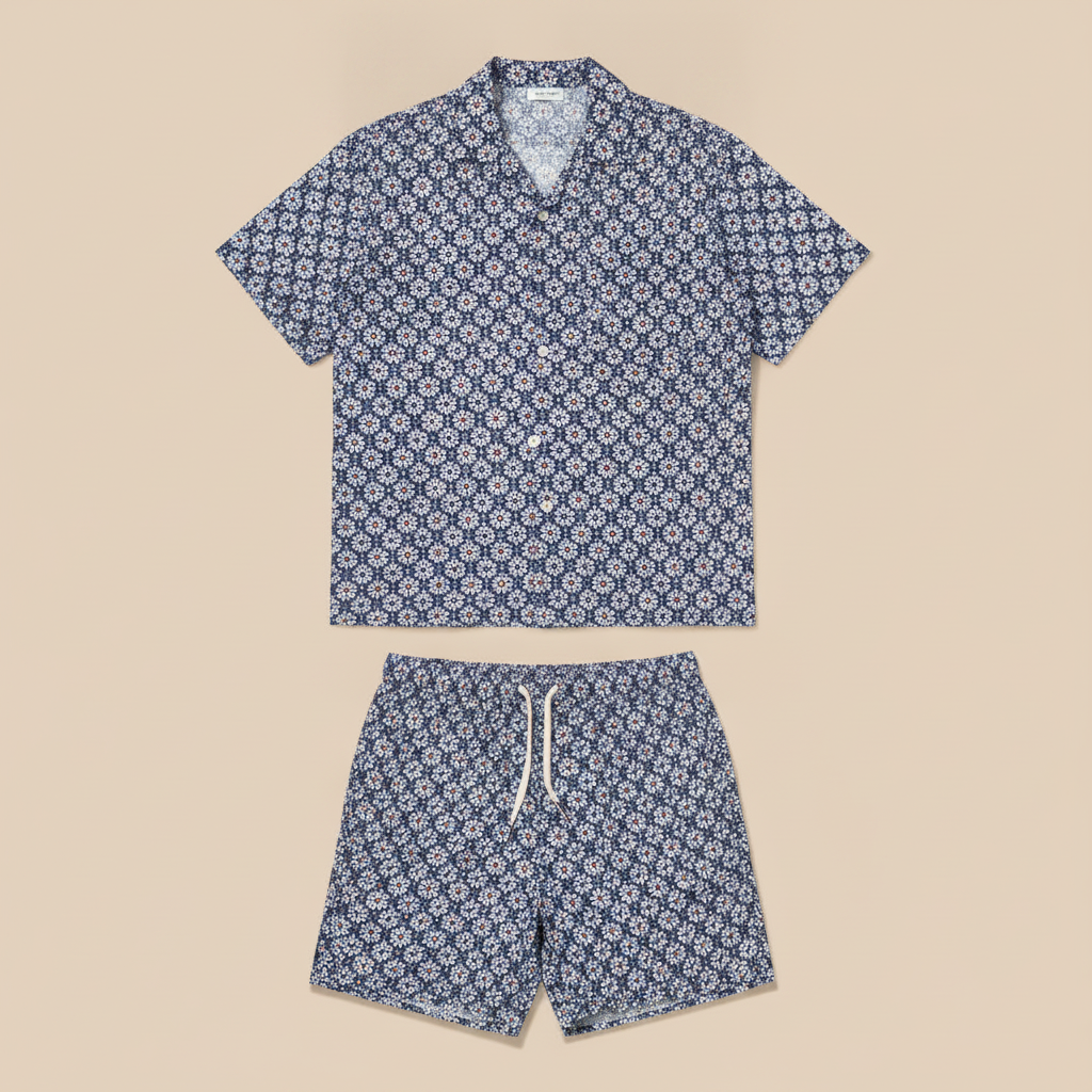 Completo Coordinato Uomo Camicia a Fiori e Pantaloncini - Fiori Bianchi