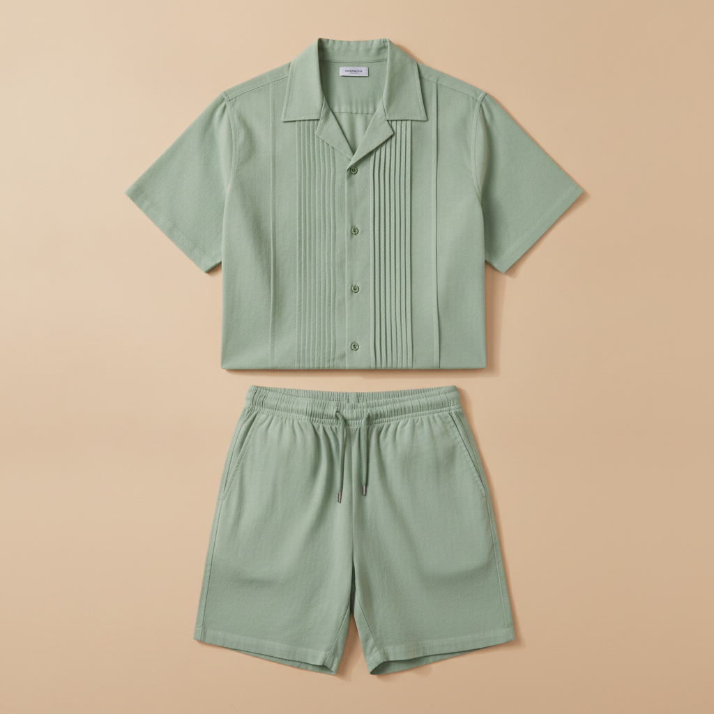 Completo Coordinato Uomo Camicia Guayabera e Pantaloncini - Verde Salvia