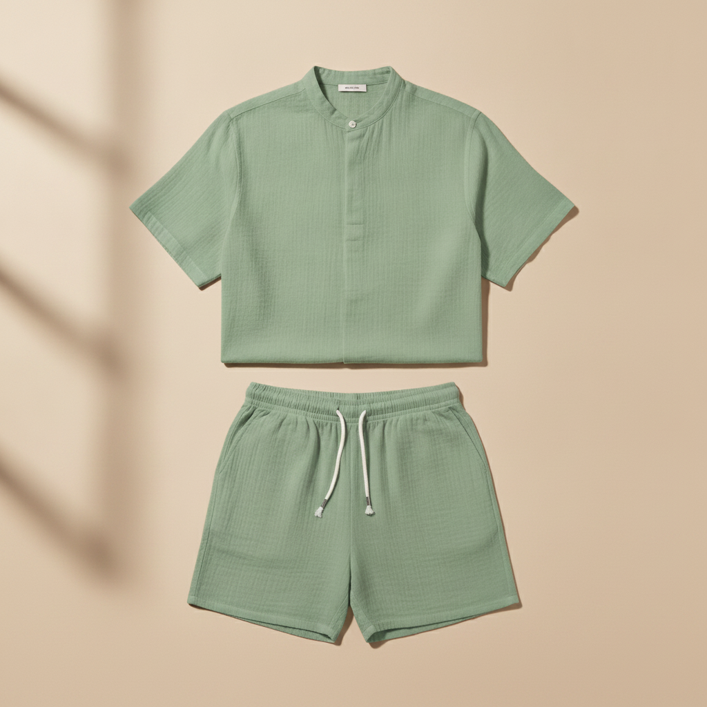 Completo Coordinato Uomo Camicia Mussola e Pantaloncini - Verde Salvia