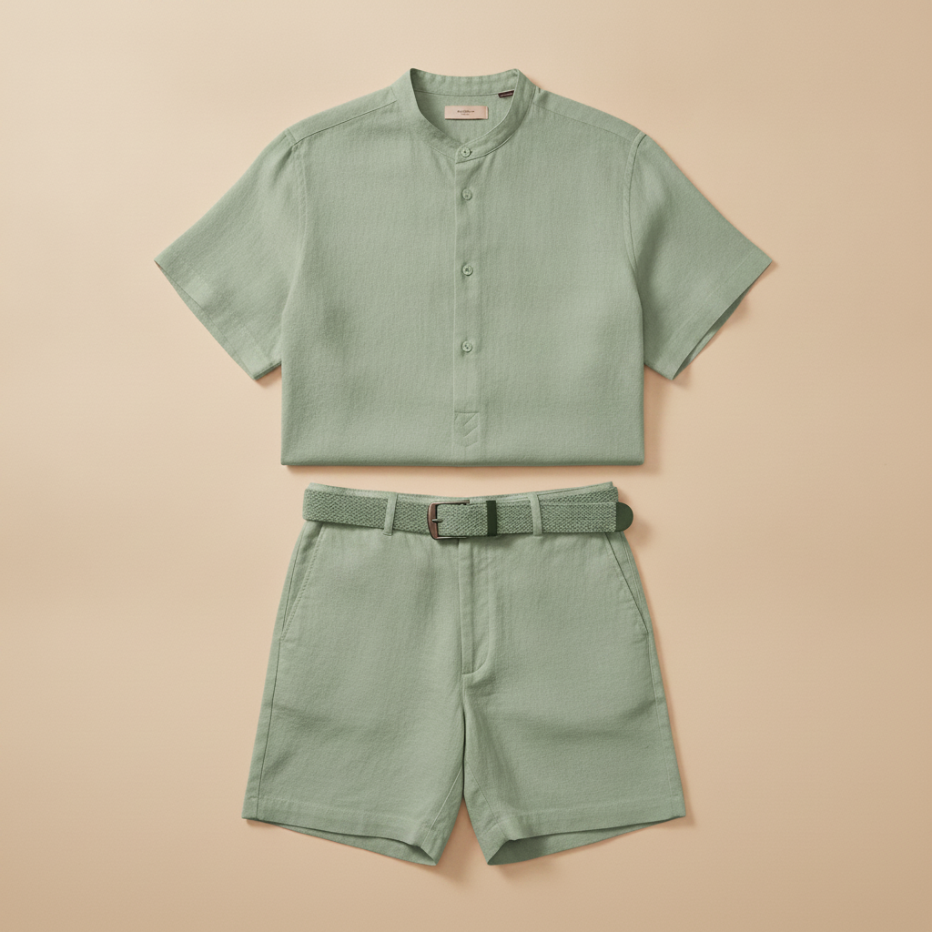 Completo Coordinato Uomo Camicia Lino Premium e Pantaloncini con Cintura - Verde Salvia