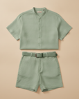 Completo Coordinato Uomo Camicia Lino Premium e Pantaloncini con Cintura - Verde Salvia