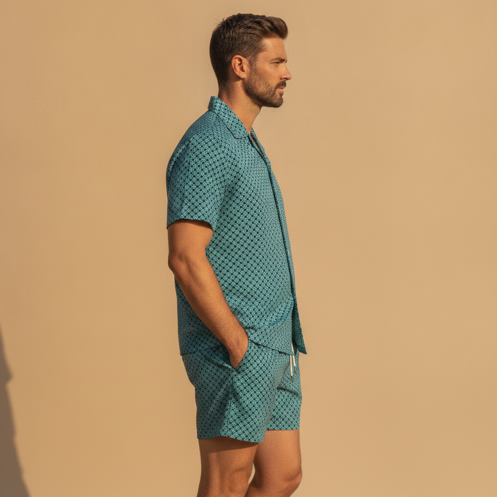 Completo Coordinato Uomo Camicia Geometrica e Pantaloncini - vista laterale