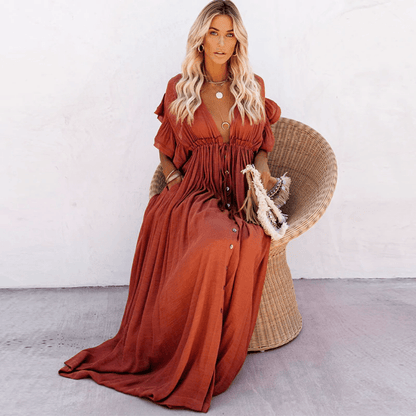 Sildora Vestito Boho Chic per Matrimonio Invitata Donna - Abito Lungo Arancione
