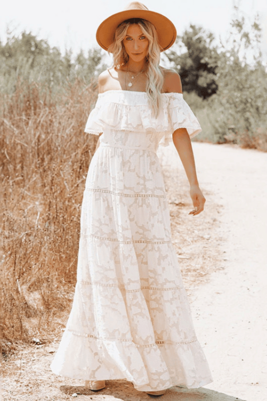 Abito Lungo Bianco Spalle Scoperte in Pizzo - Vestito Estivo Maxi | Sildora