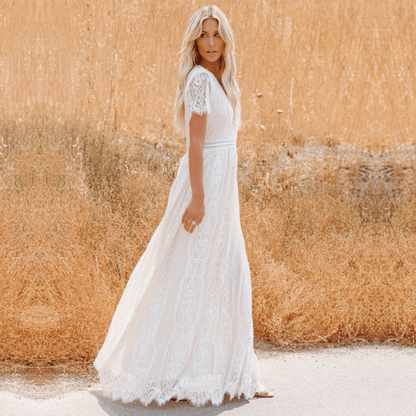 Abito da Cerimonia Bianco in Pizzo Lungo - Vestito da Sposa | Sildora