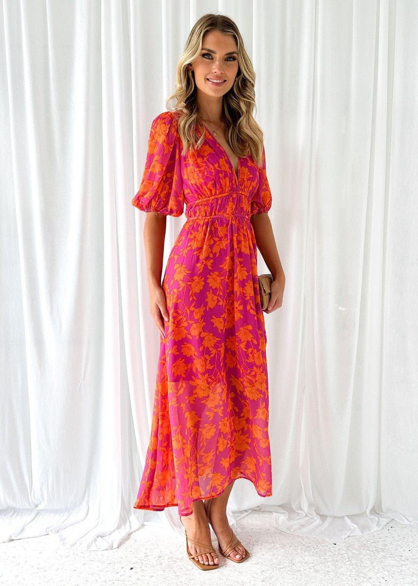 Amelia | Abito midi floreale da donna con scollo a V e maniche a sbuffo