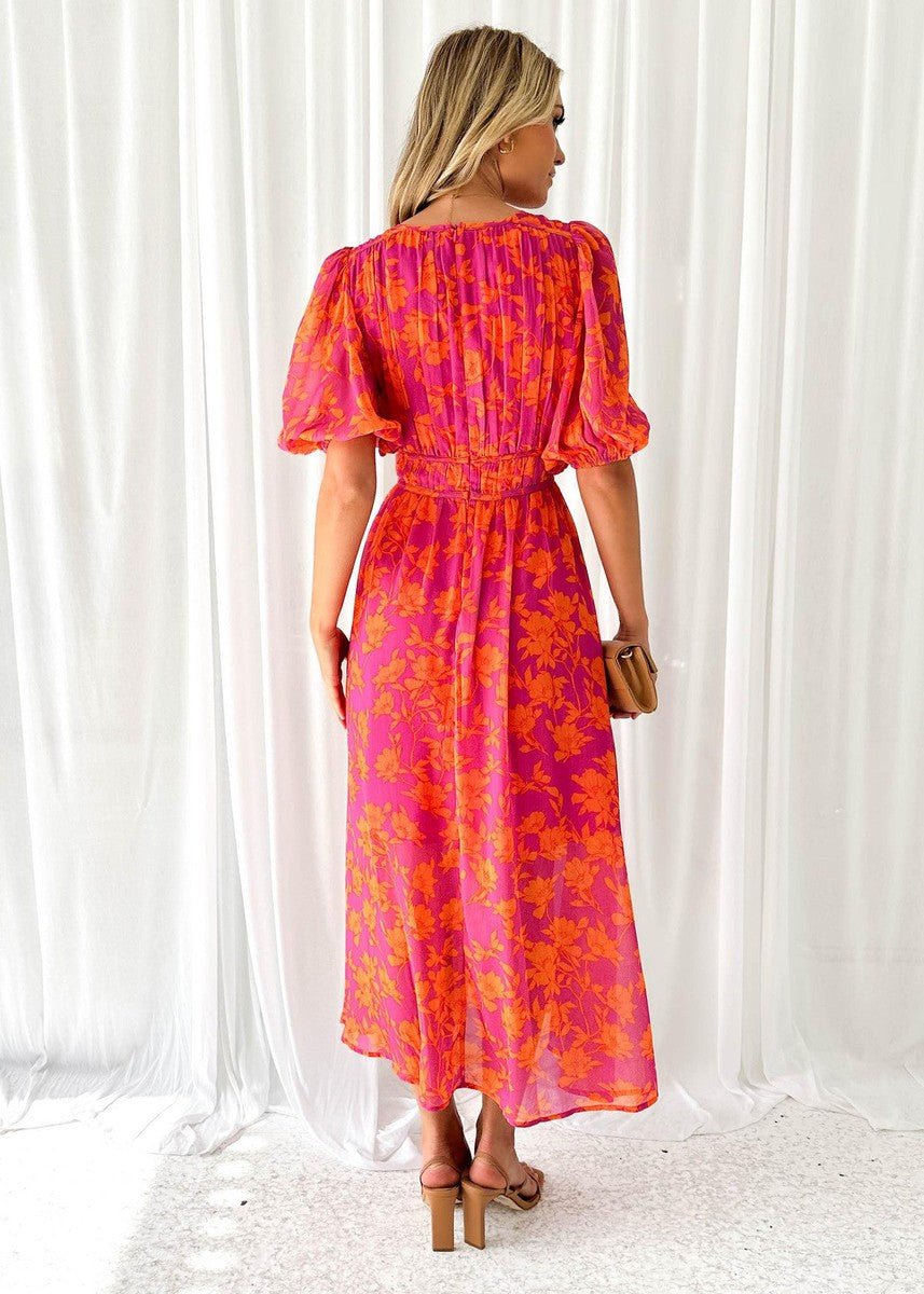 Amelia | Abito midi floreale da donna con scollo a V e maniche a sbuffo