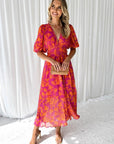 Amelia | Abito midi floreale da donna con scollo a V e maniche a sbuffo