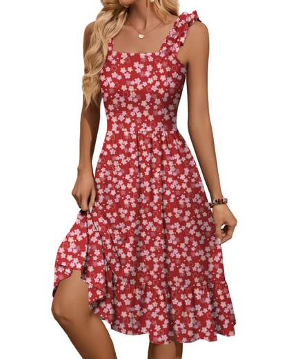 Vestito Midi Donna Armenia – Vestito Estivo con Scollo Quadrato e Spalline Elastiche, Taglio A-Line Fluido con Volant