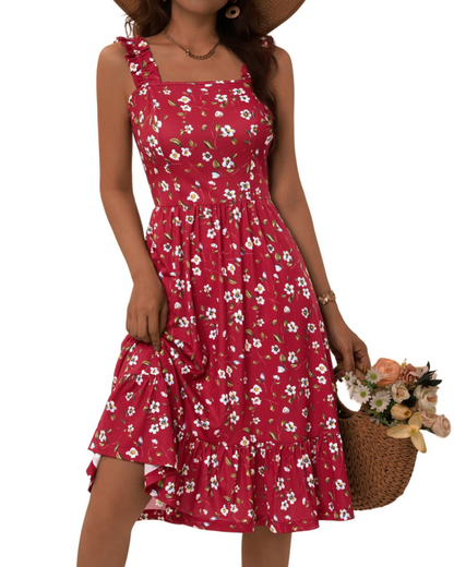 Vestito Midi Donna Armenia – Vestito Estivo con Scollo Quadrato e Spalline Elastiche, Taglio A-Line Fluido con Volant