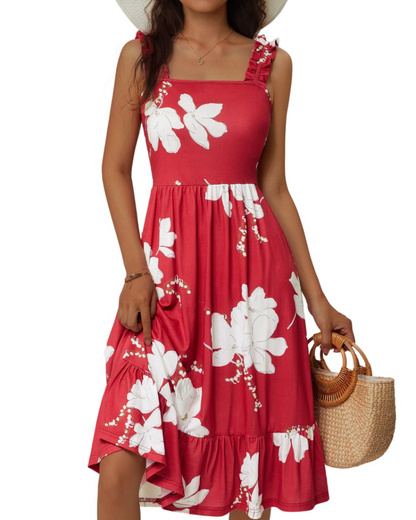Vestito Midi Donna Armenia – Vestito Estivo con Scollo Quadrato e Spalline Elastiche, Taglio A-Line Fluido con Volant