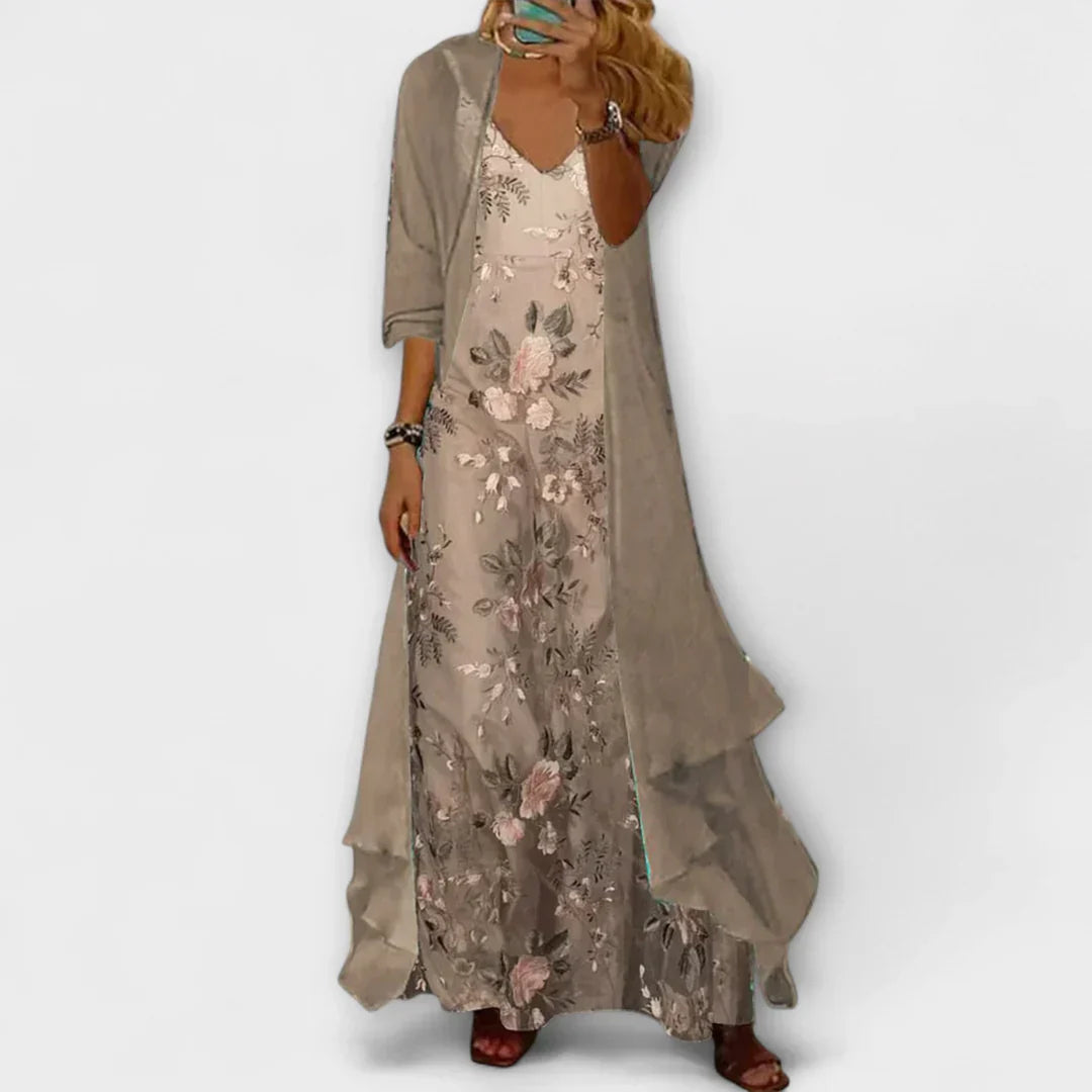 Beatrice | Completo Abito Maxi Donna con Scollo a V e Motivo Floreale