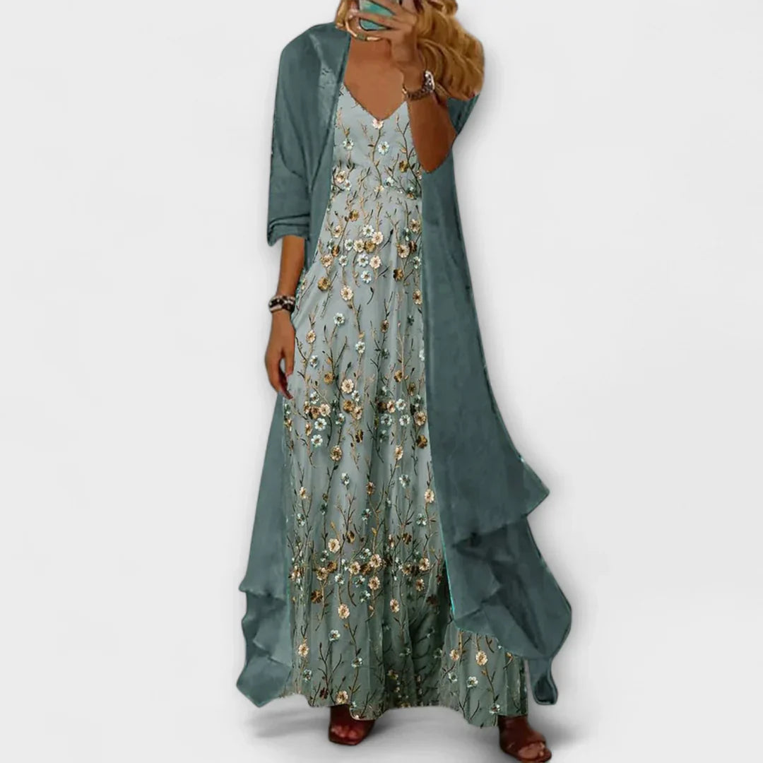 Beatrice | Completo Abito Maxi Donna con Scollo a V e Motivo Floreale