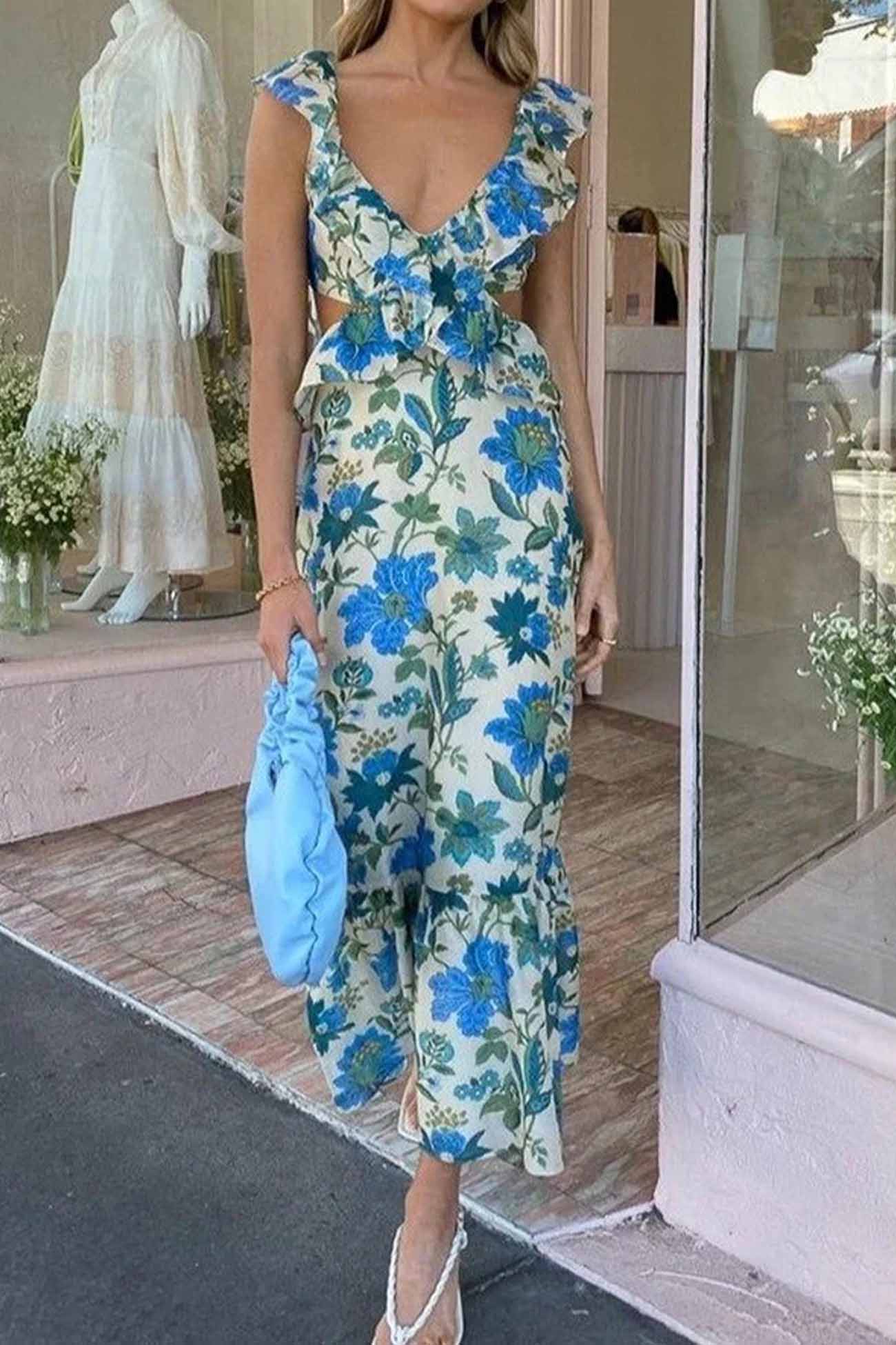 Bethany | Abito lungo elegante da donna con volant e stampa floreale