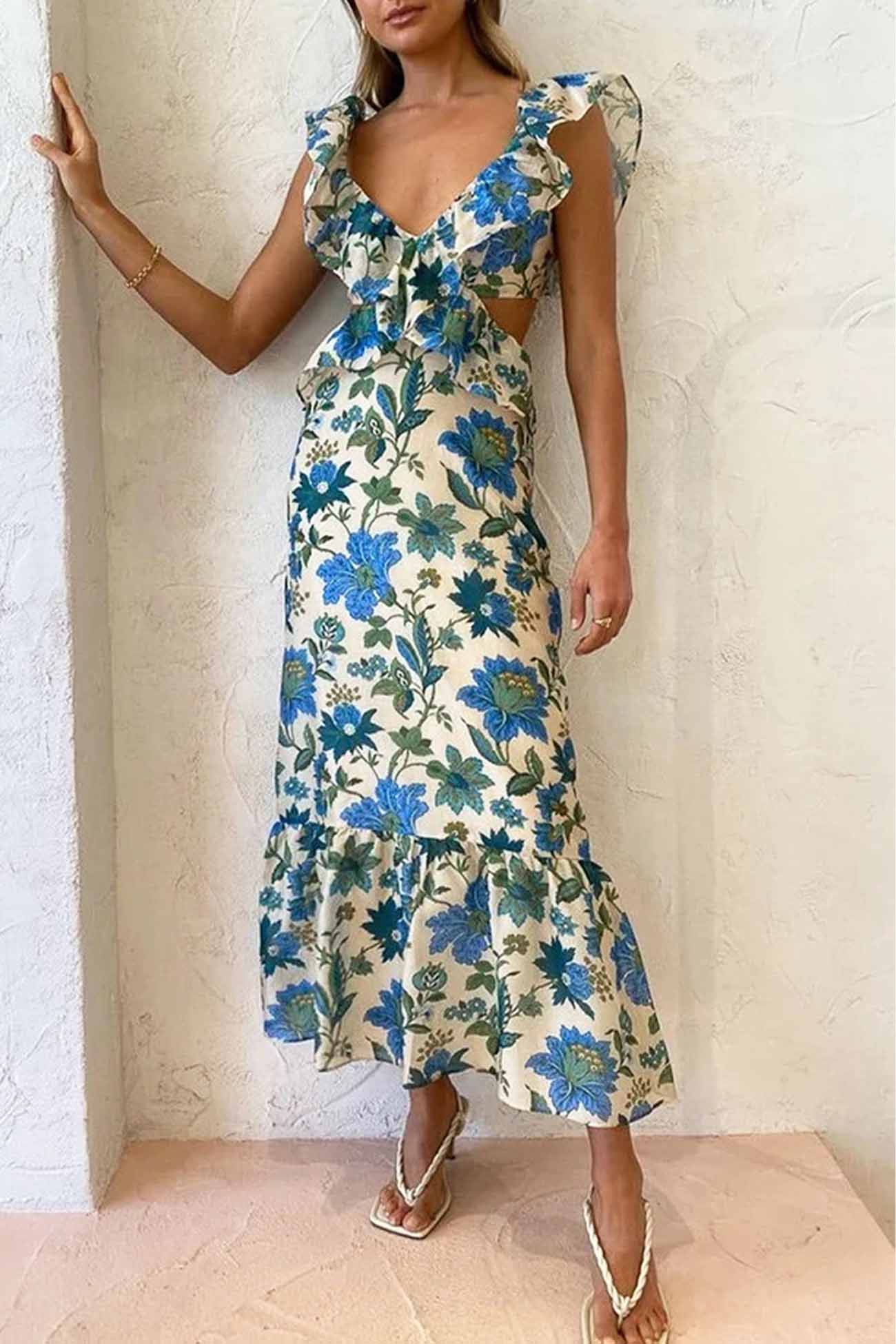 Bethany | Abito lungo elegante da donna con volant e stampa floreale