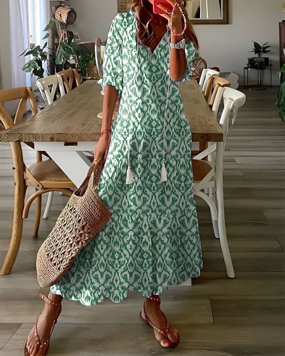 Bianca | Abito lungo da donna boho con stampa e scollo a V