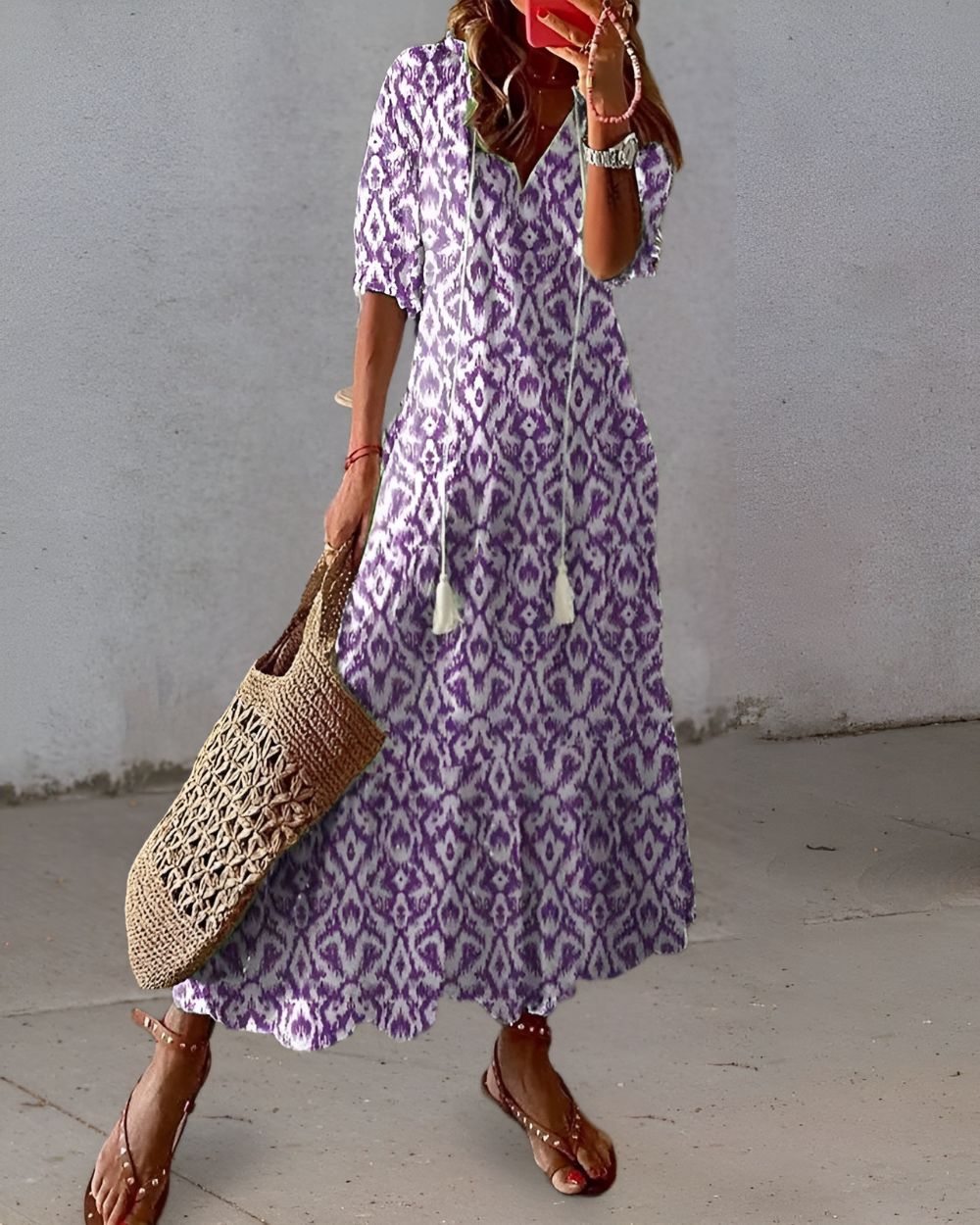 Bianca | Abito lungo da donna boho con stampa e scollo a V