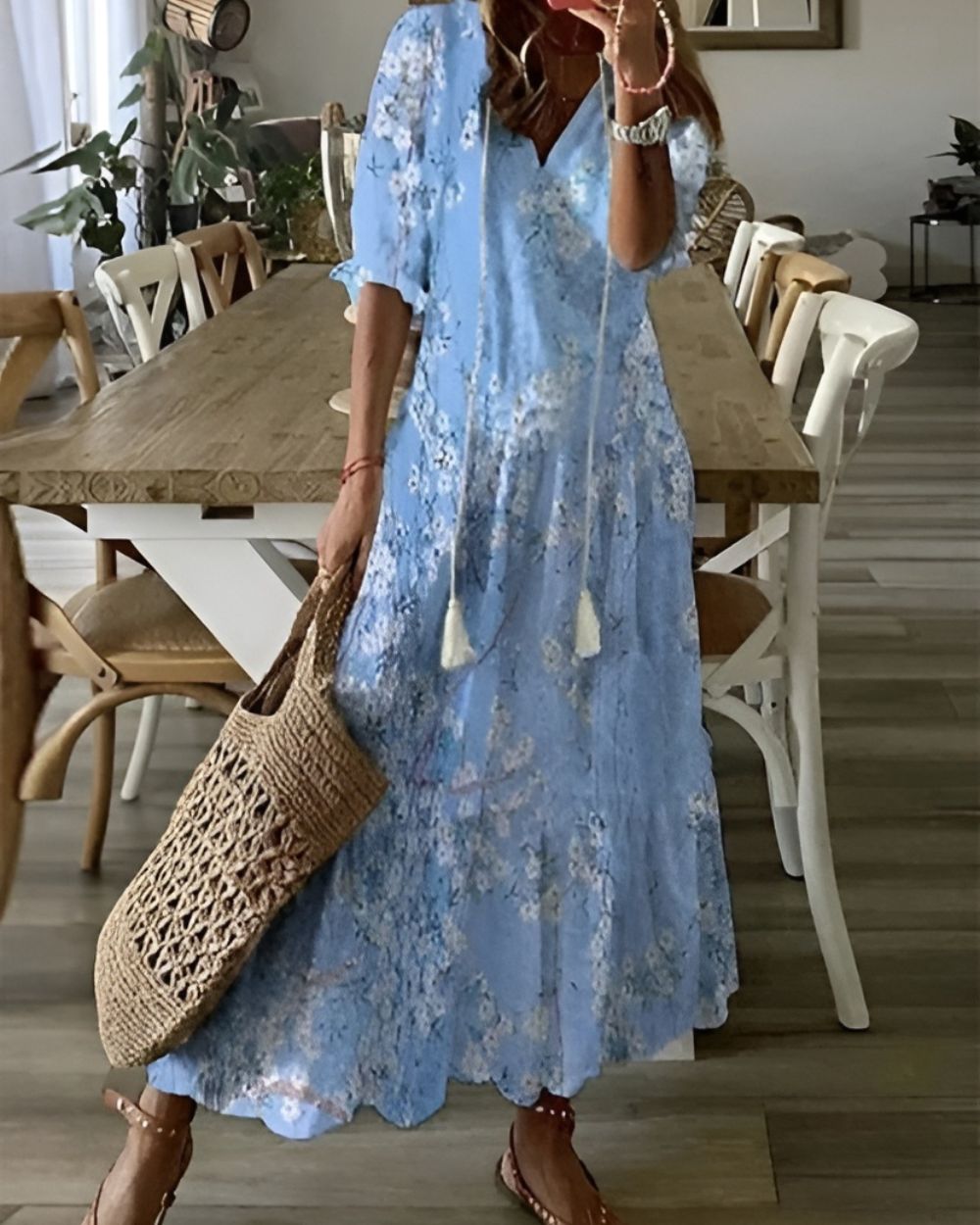 Bianca | Abito lungo da donna boho con stampa e scollo a V
