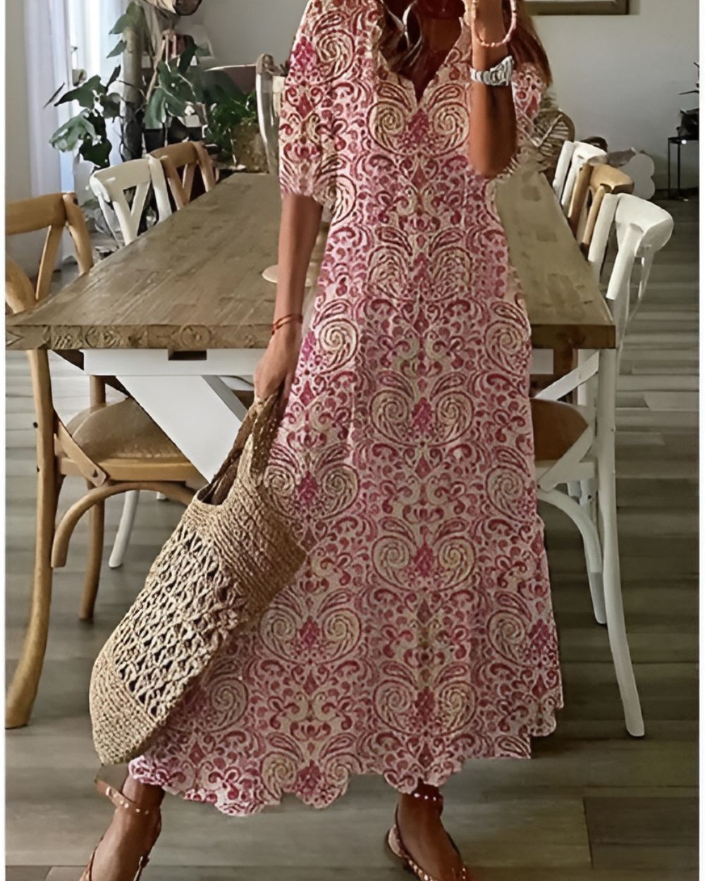 Bianca | Abito lungo da donna boho con stampa e scollo a V