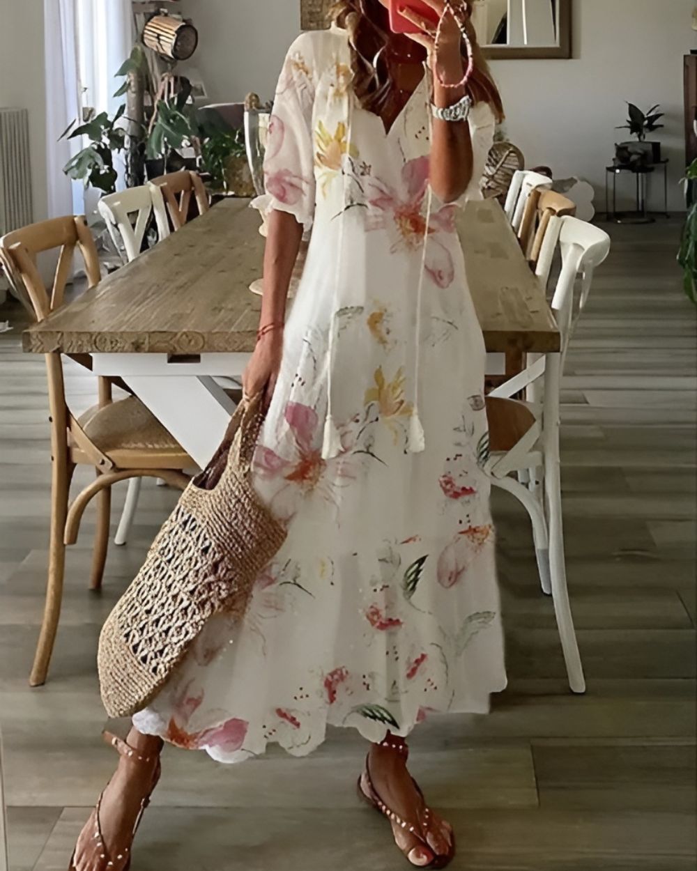 Bianca | Abito lungo da donna boho con stampa e scollo a V