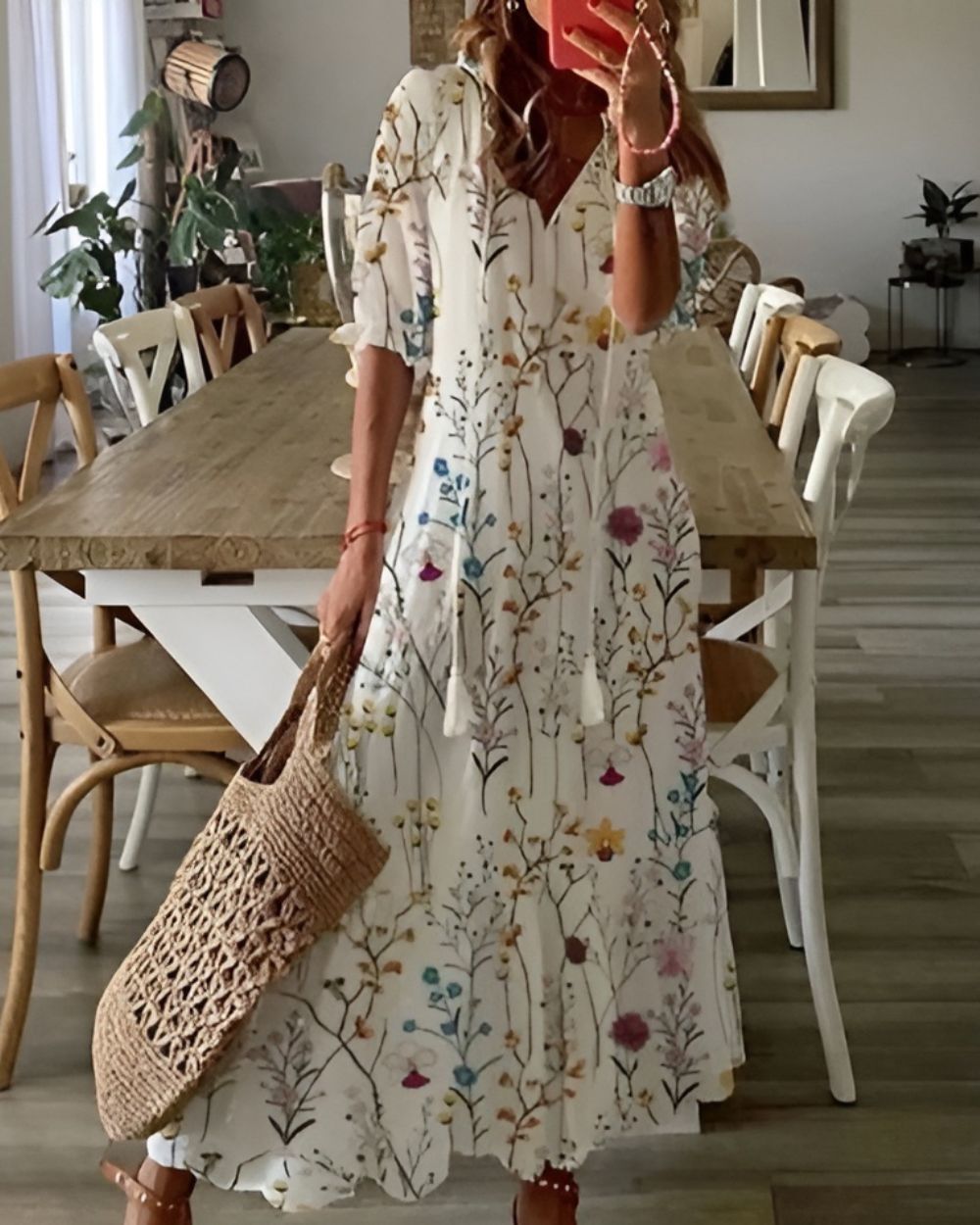 Bianca | Abito lungo da donna boho con stampa e scollo a V