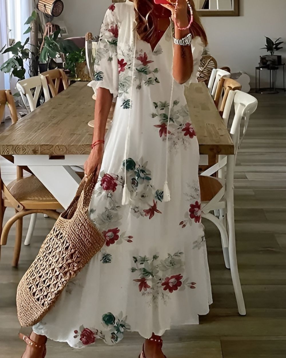 Bianca | Abito lungo da donna boho con stampa e scollo a V