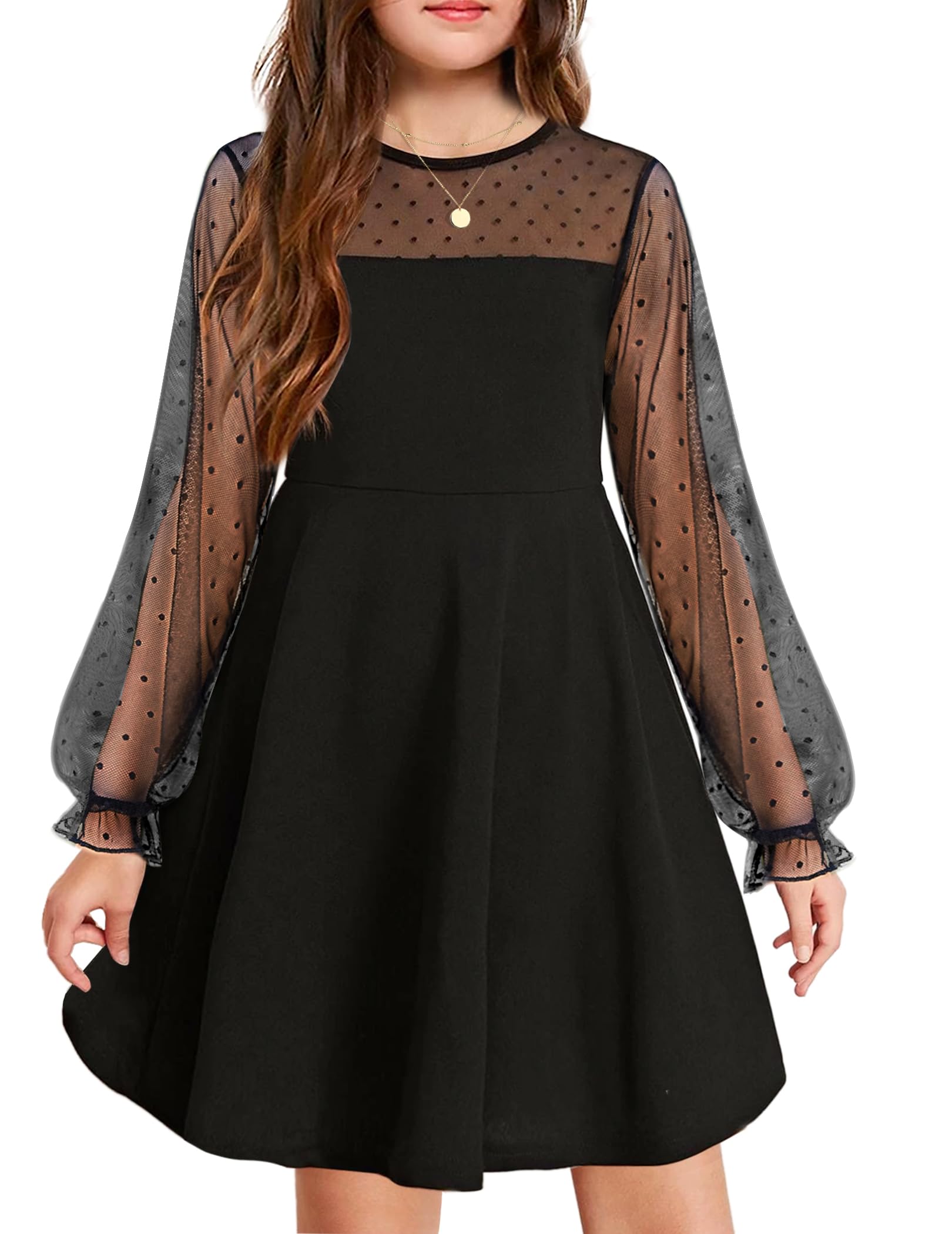 Vestito Aishi per Ragazza – Maniche Lunghe in Mesh, Taglio A-Line e Vita Alta con Tasche
