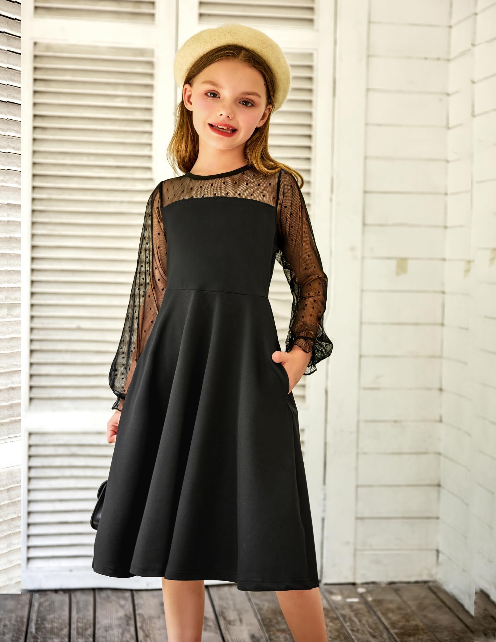 Vestito Aishi per Ragazza – Maniche Lunghe in Mesh, Taglio A-Line e Vita Alta con Tasche