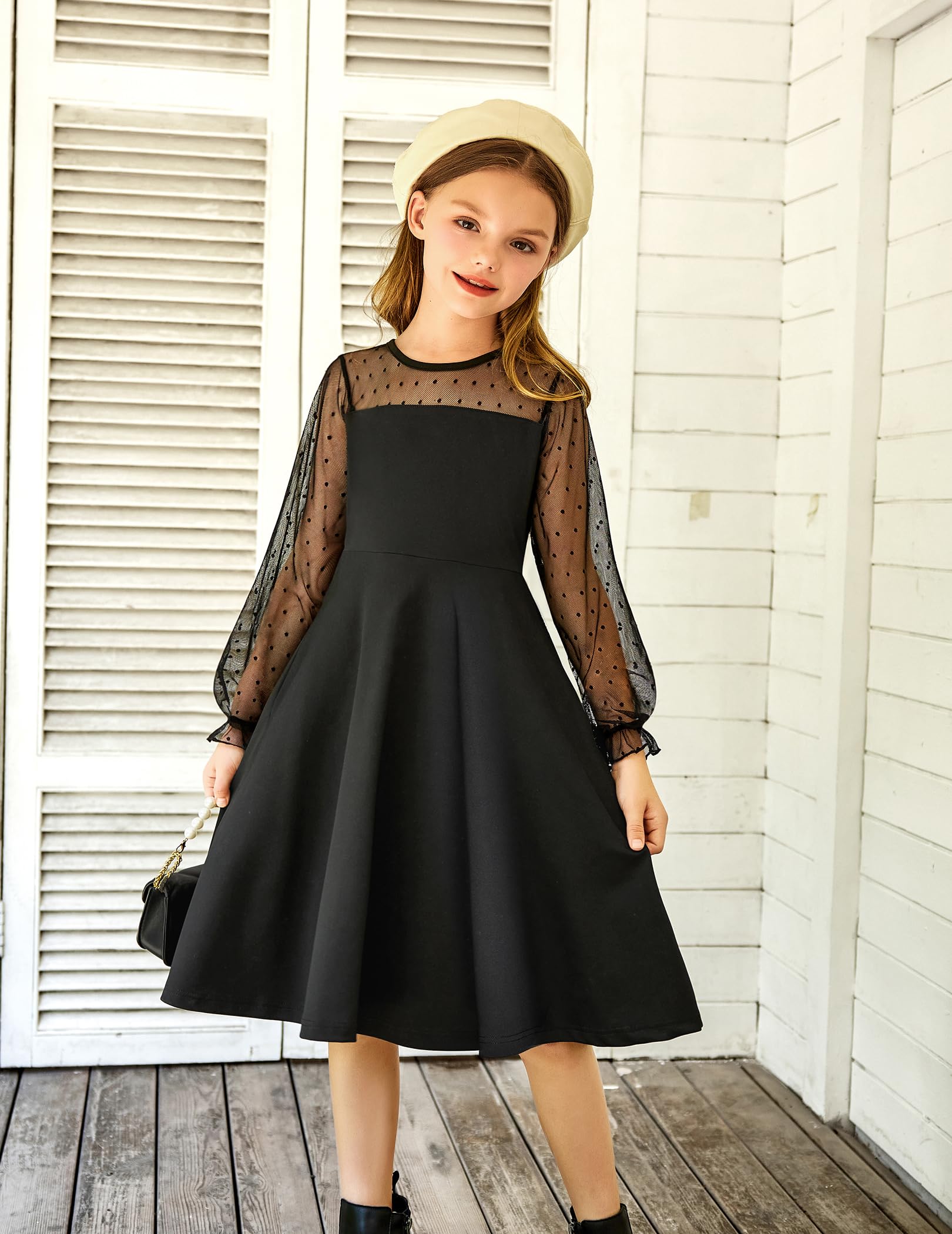 Vestito Aishi per Ragazza – Maniche Lunghe in Mesh, Taglio A-Line e Vita Alta con Tasche