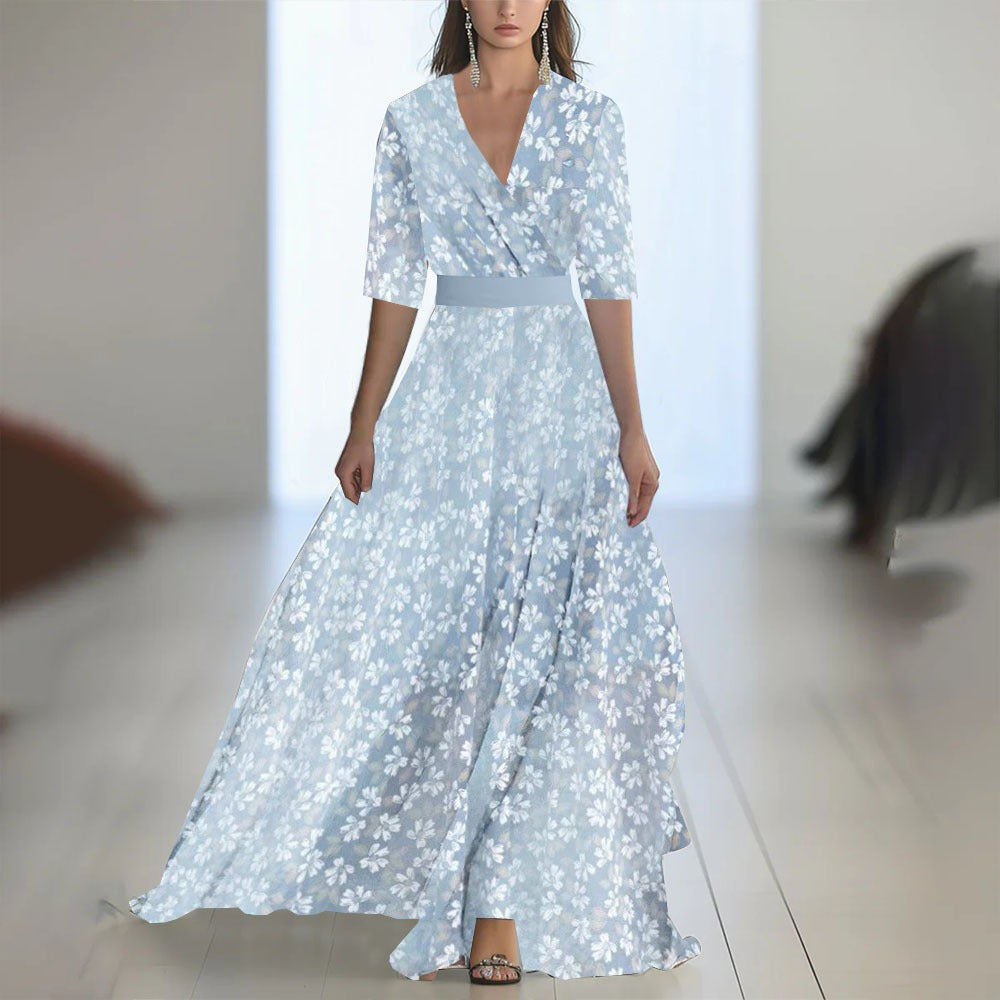 Abito lungo donna in tessuto leggero, scollo a V — vista 6