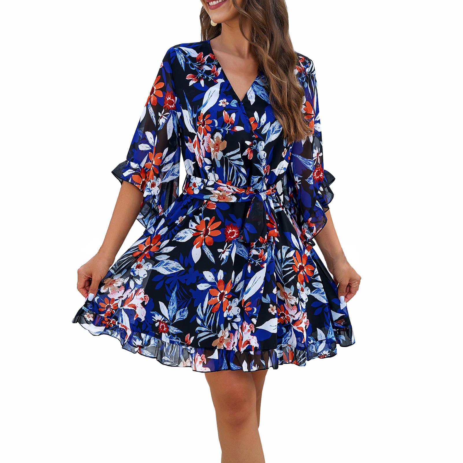 Vestaglia Odessa Donna – Incrocio a V Floreale, Maniche a Campana &amp; Mini in Mussola Elegante