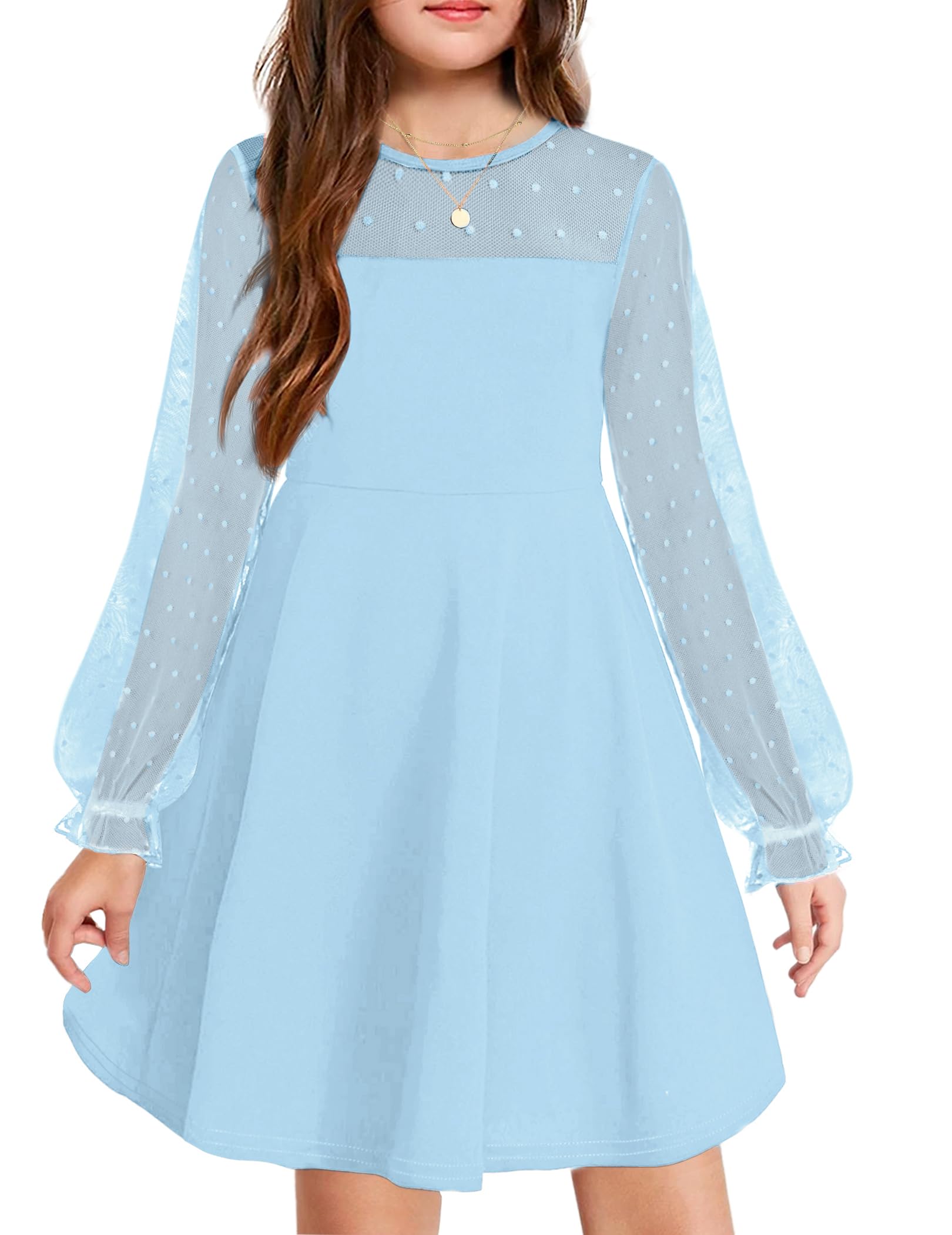 Vestito Aishi per Ragazza – Maniche Lunghe in Mesh, Taglio A-Line e Vita Alta con Tasche