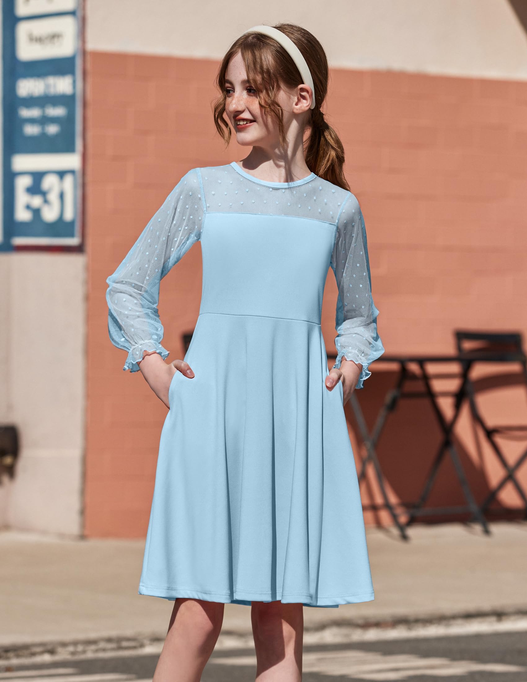 Vestito Aishi per Ragazza – Maniche Lunghe in Mesh, Taglio A-Line e Vita Alta con Tasche