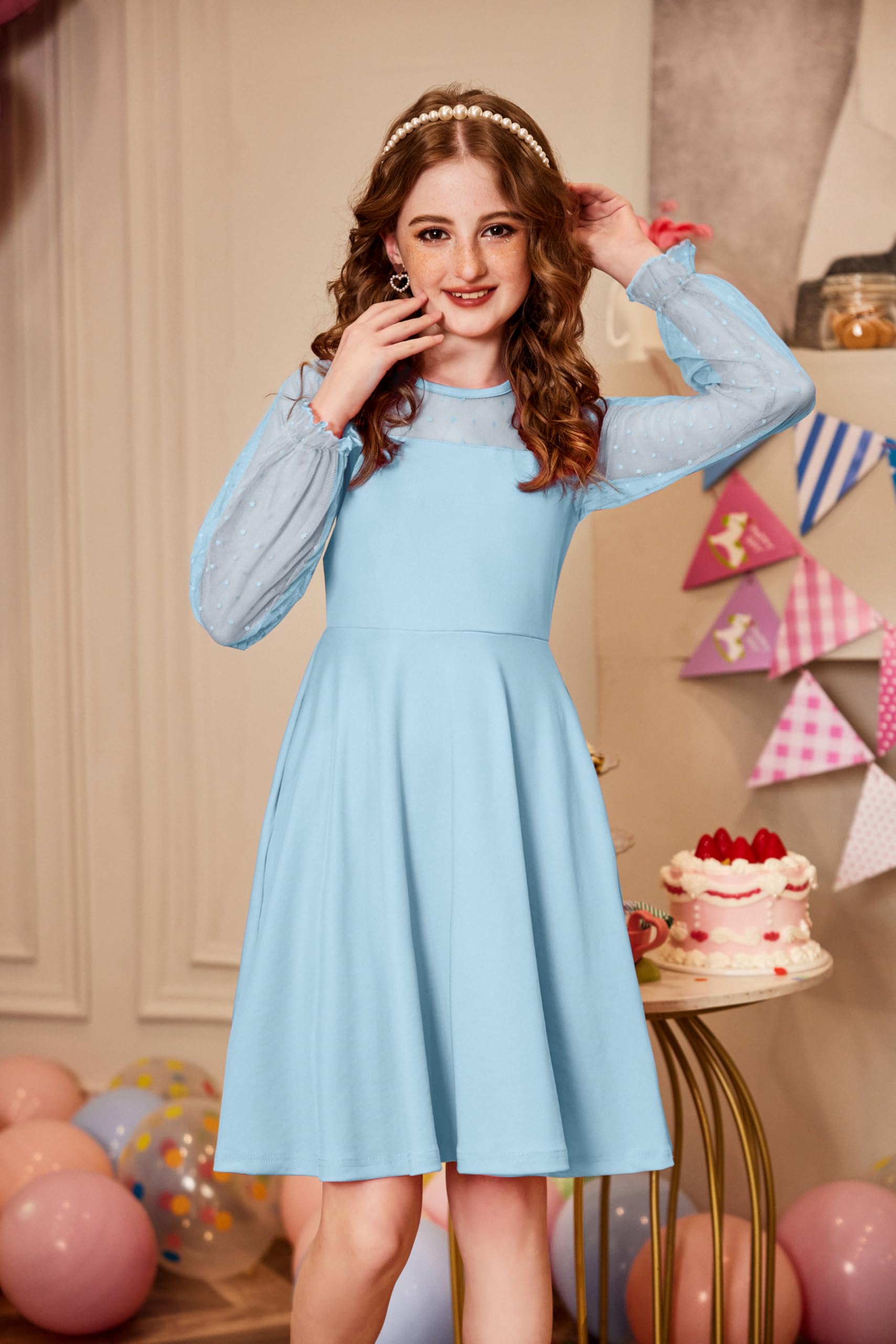 Vestito Aishi per Ragazza – Maniche Lunghe in Mesh, Taglio A-Line e Vita Alta con Tasche