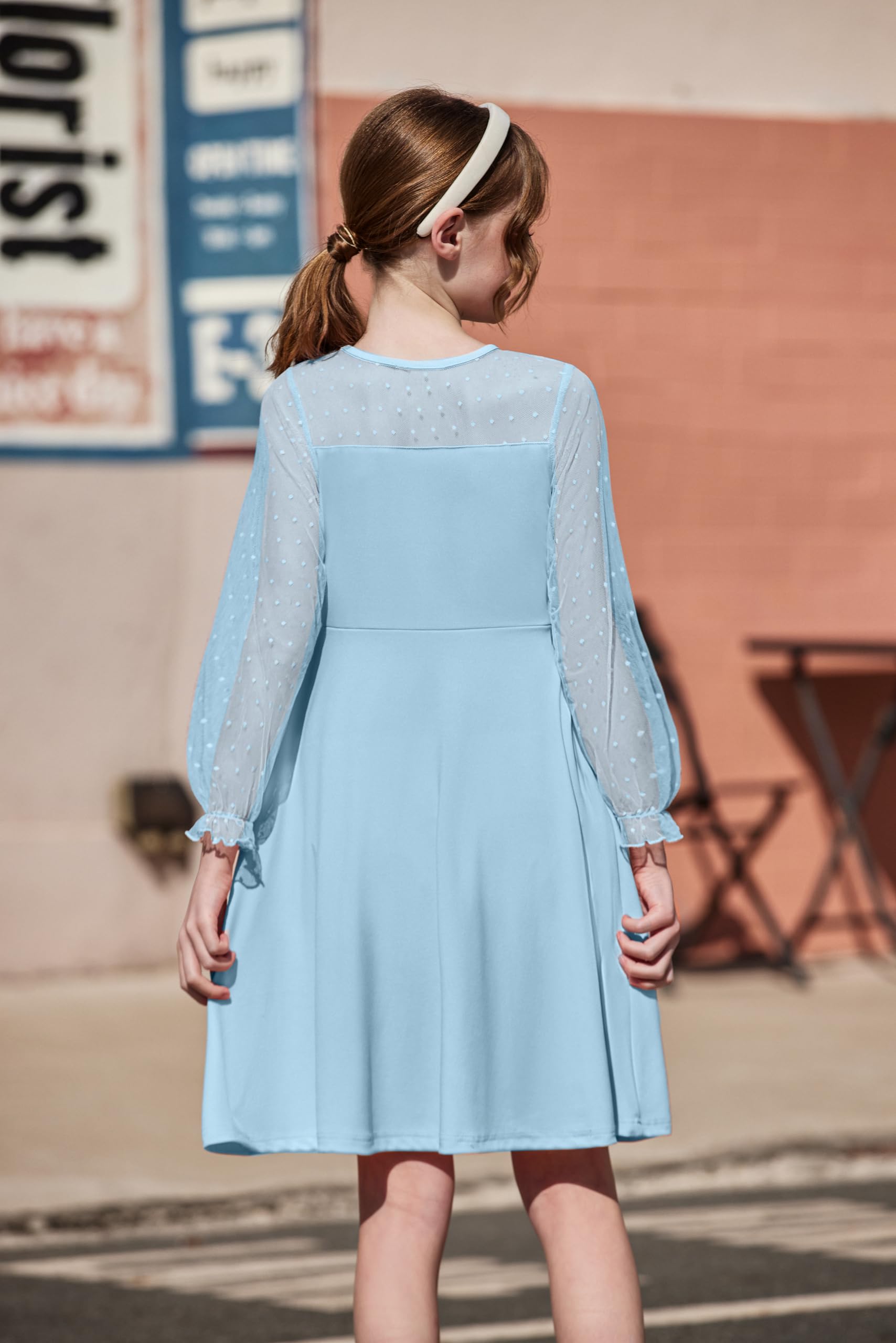 Vestito Aishi per Ragazza – Maniche Lunghe in Mesh, Taglio A-Line e Vita Alta con Tasche
