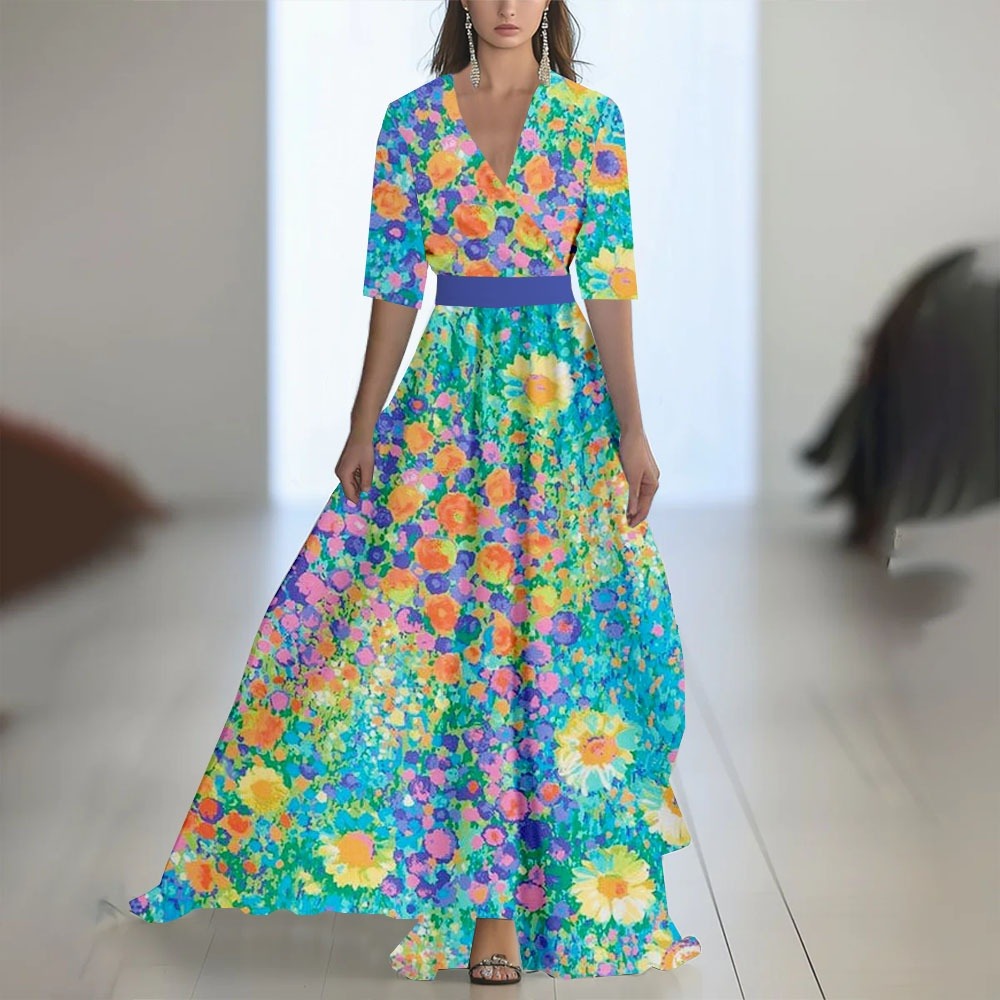 Abito lungo donna in tessuto leggero, scollo a V — vista 8