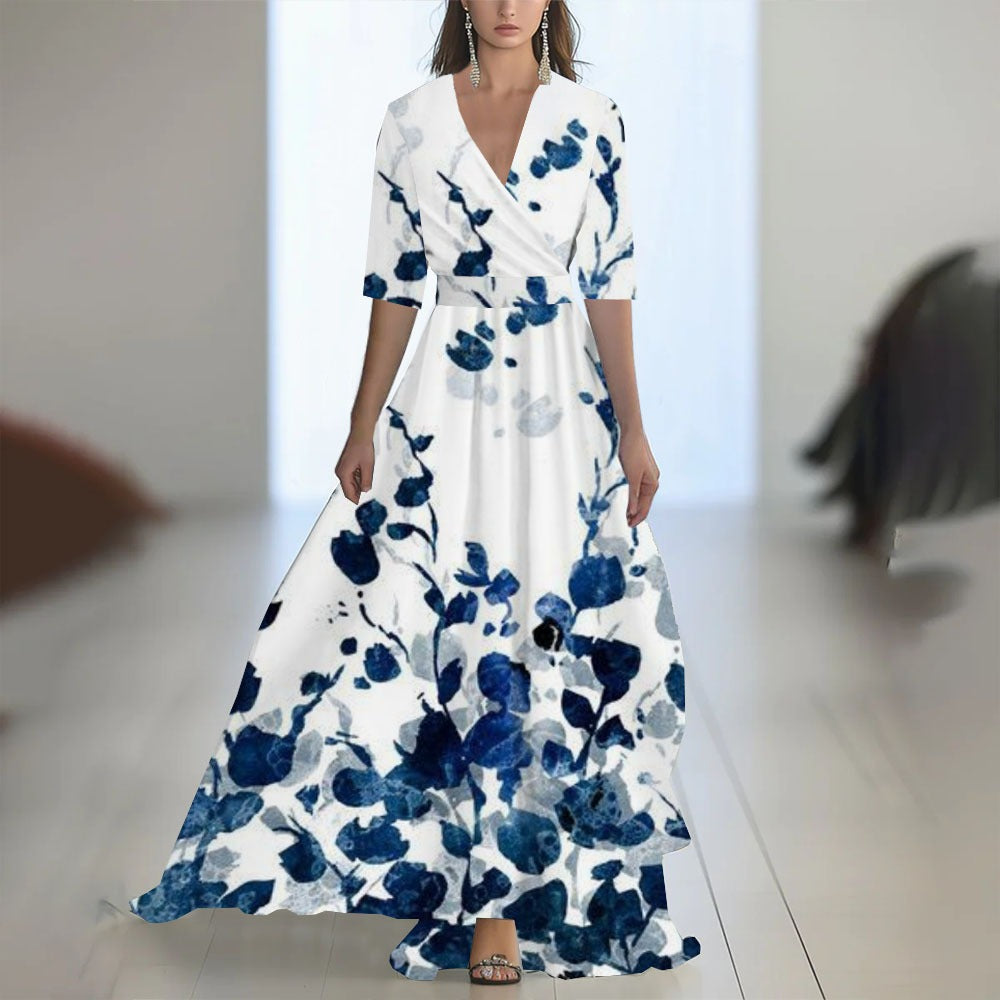 Abito lungo donna in tessuto leggero, scollo a V — vista 9