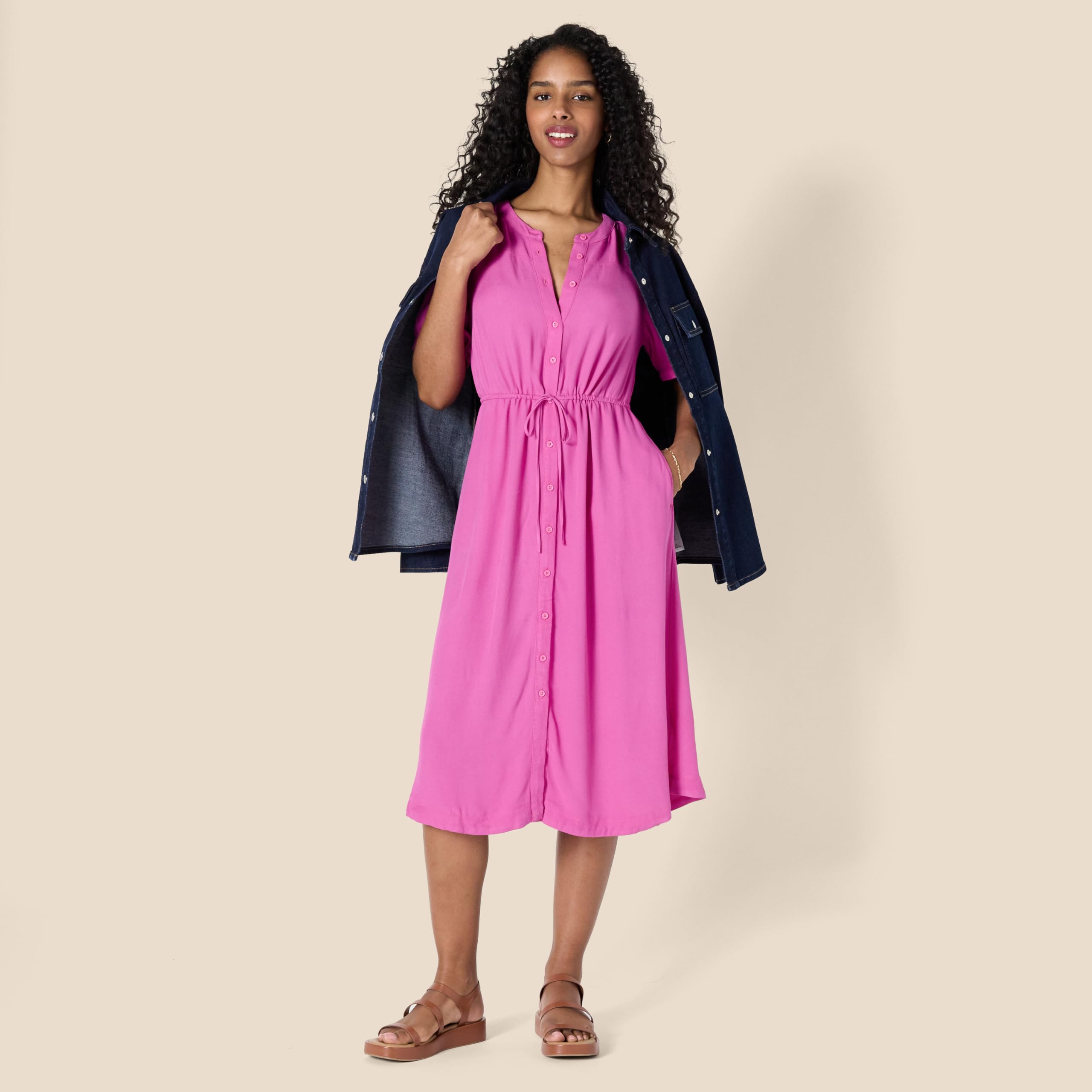 Vestito Donna Krishna – Taglio A-Line Sagomato, Maniche Corte e Gonna Midi Svasata con Tasche