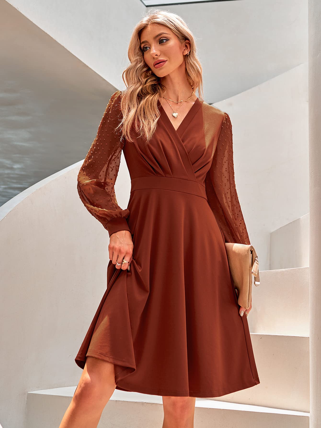 Juana Vestito Donna – Stile Vintage Scollo a V, Maniche Lunghe e Taglio A-Line Midi Elegante