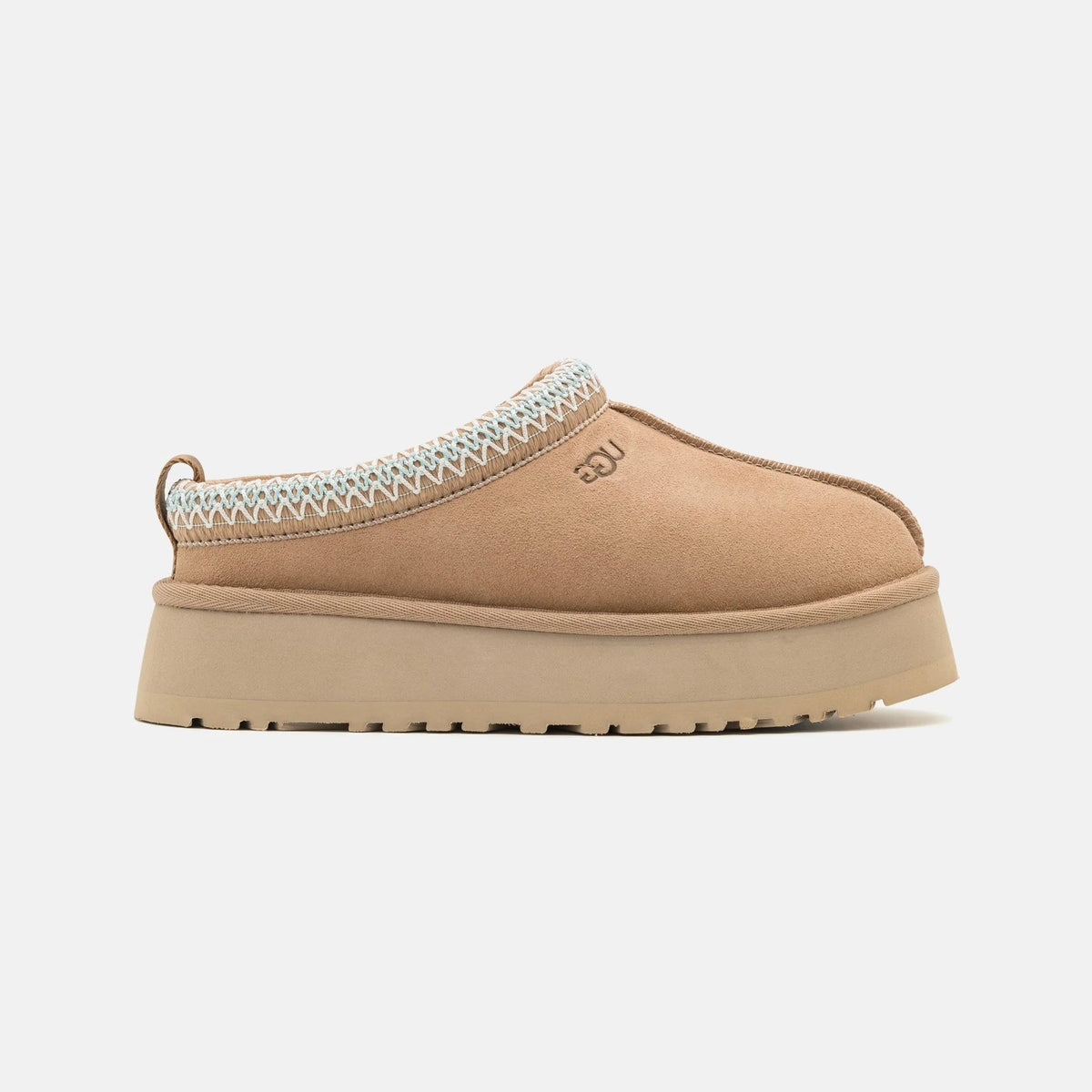 UGG Tazz Sand ciabatte platform donna in pelle scamosciata e montone beige sand, vista laterale