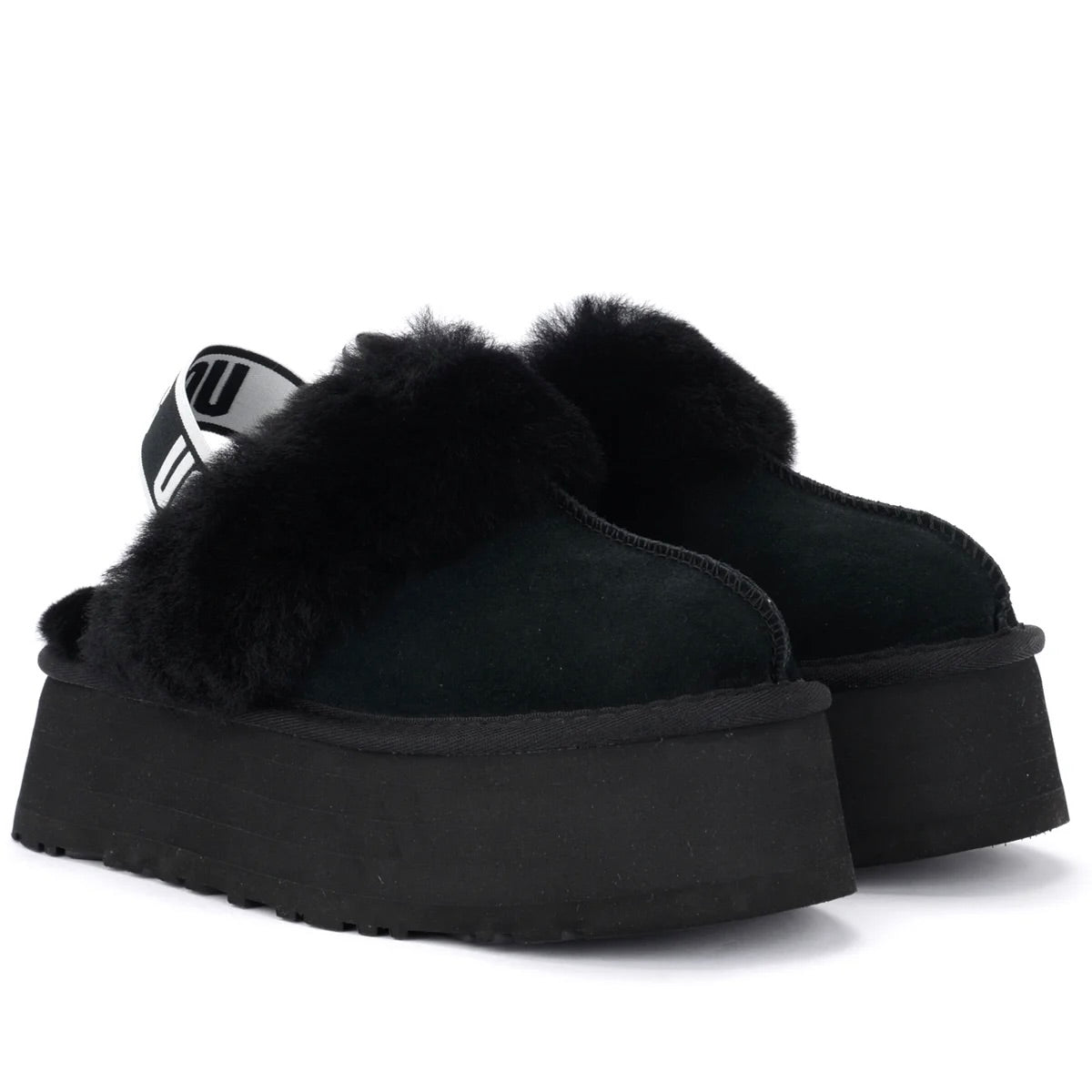 UGG Funkette Black sabot platform donna in pelle scamosciata e montone nero, vista frontale
