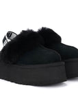 UGG Funkette Black sabot platform donna in pelle scamosciata e montone nero, vista frontale